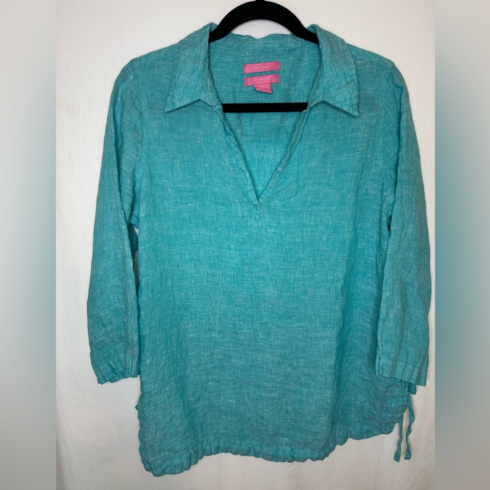 ISAAC MIZRAHI 100% Linen Side Tie Tunic Popover Top Beachy Turquoise M #711